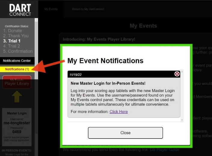 Notification System for My Events DartConnect
