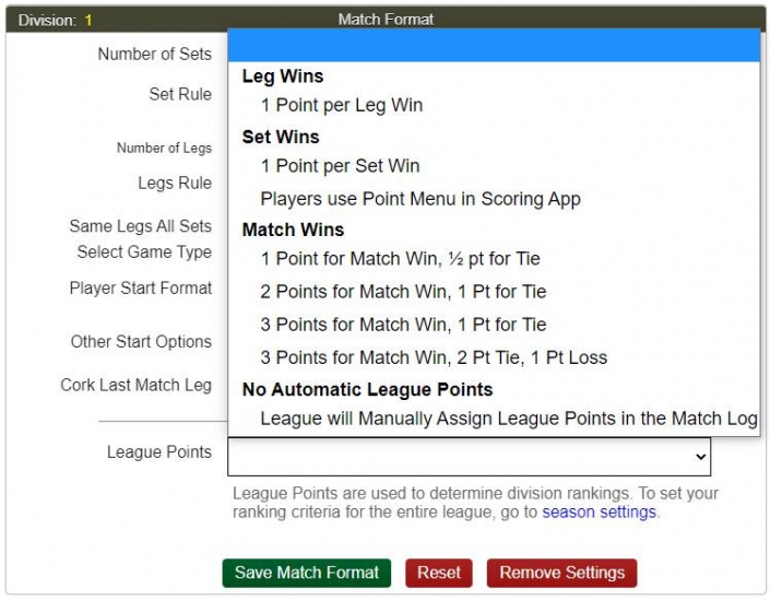 Updated League Points “2 Pts For a Match Win, 1 Pt For a Tie