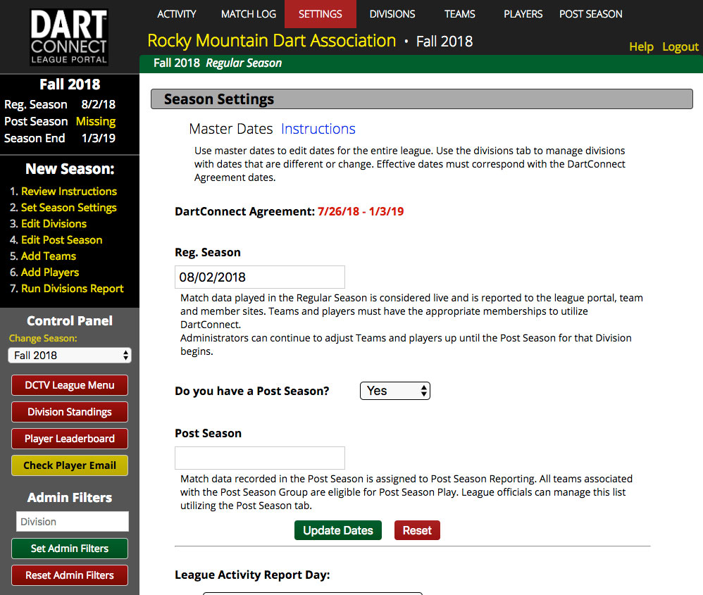 League Portal Support DartConnect